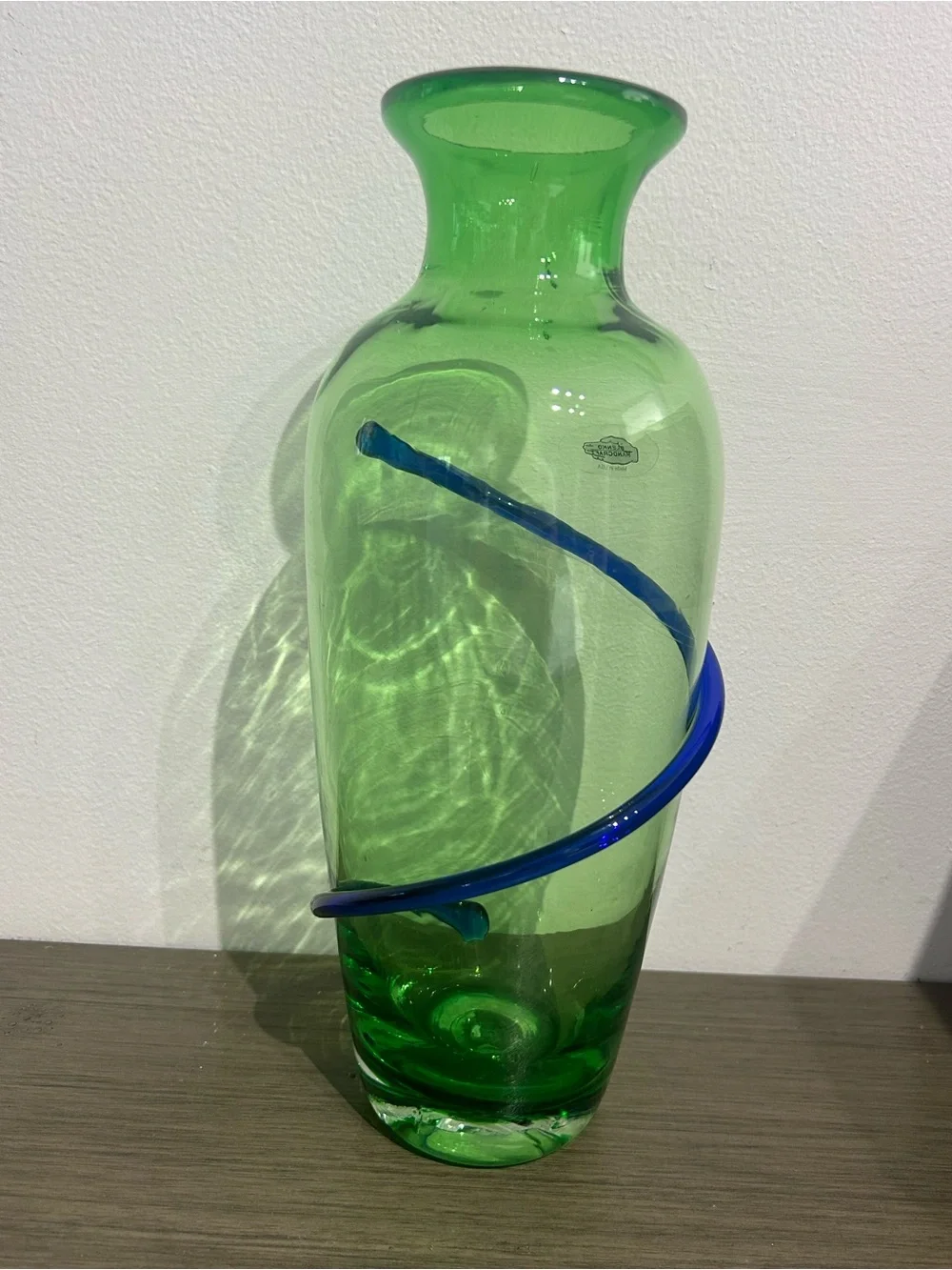 Blenko Green Vase Blue Applied Swirl 11 3/4” Rare 2014 Signed